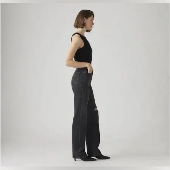 Levi's Ribcage Straight Joli Thorax Droit Button Fly Dark Black Wash Jeans NWT - Picture 3 of 16